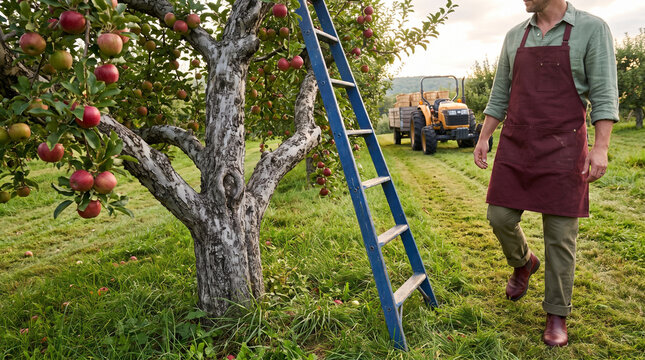 Man harvesting apples with a ladder in a rural orchard  