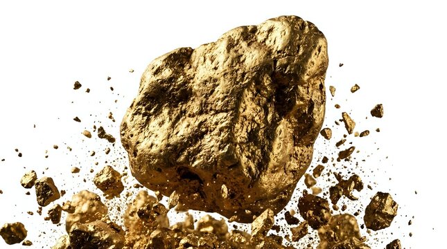Metallic gold nugget with scattered fragments and dust particles