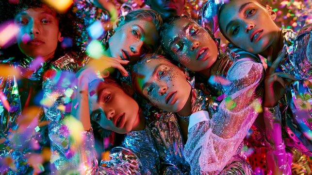 A group of diverse women in shimmering metallic outfits, adorned with glitter and colorful confetti, posing closely together under vibrant neon lighting for a festive, futuristic party atmosphere.