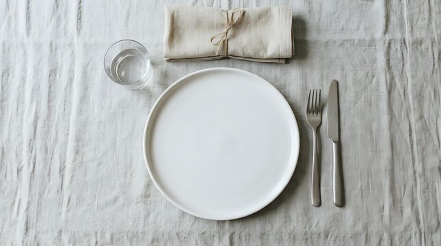 Minimalist table setting with empty white plate, silverware, glass