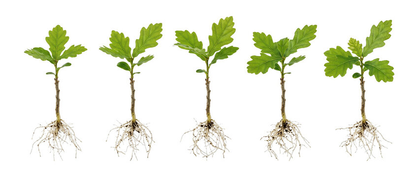 Oak sapling seedling root growth sequence set isolated on black background, showing young oak tree sprouts with exposed roots for forestry, ecology, environmental conservation, and planting concept.