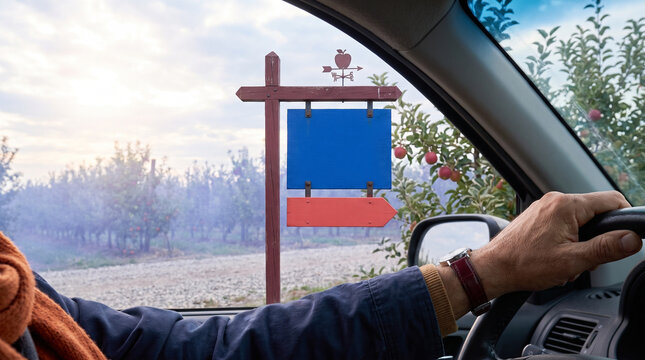 Man driving past apple picking farm sign in autumn landscape  