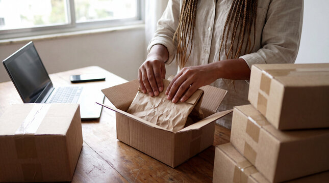 Brazilian small business owner packing online orders at home