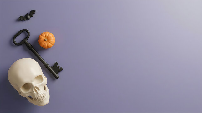 Halloween themed still life with skull pumpkin and antique keys on a purple background