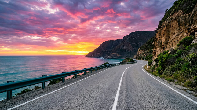 Coastal road winding along ocean cliffs at vibrant sunset