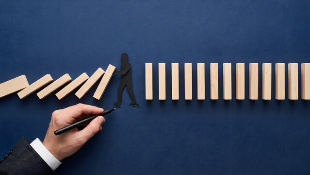 Strategic business intervention stopping falling domino chain reaction concept