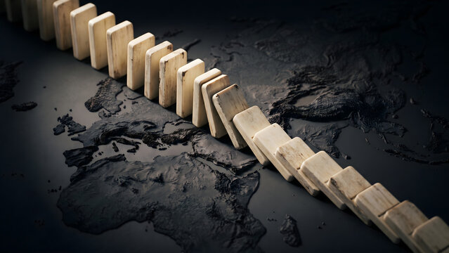 Domino effect on the world map symbolizing crisis and impact