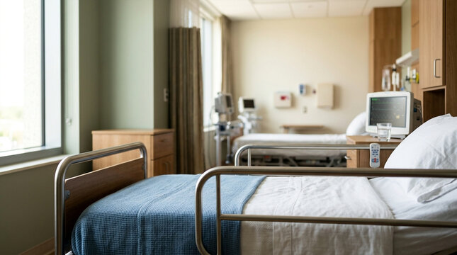 Clean, empty hospital room with two beds and medical equipment by a large window