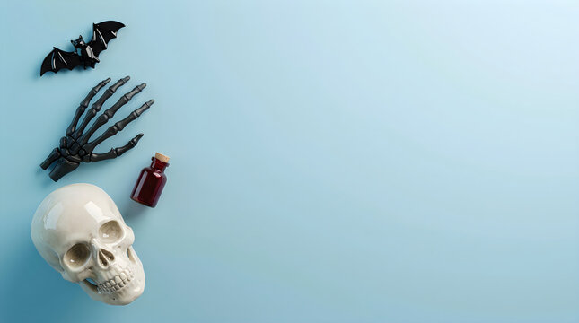 An artistic still life featuring a human skull and scattered moth wings on a blue background