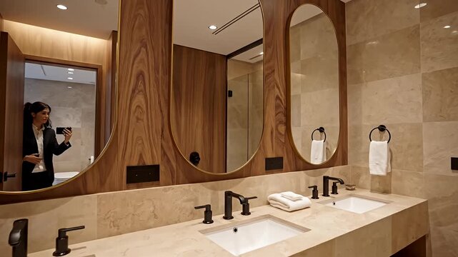 Modern luxury bathroom with triple vanity sinks and wooden panels