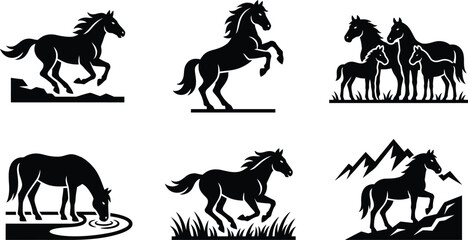 Fototapeta premium Black horse silhouette collection, 6 wild stallion vector icons, equestrian animal set for ranch and farm logos