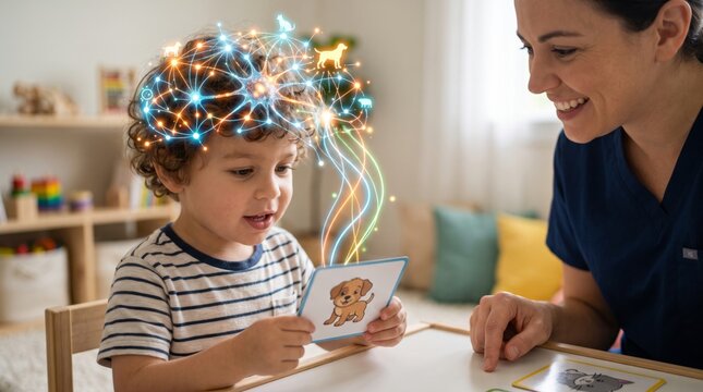 Woman teaching child with animal picture cards and glowing neural network overlay. Early learning, speech development, cognitive education, and pediatric therapy concept.