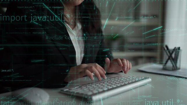 A business professional engaged in typing on a keyboard with coding and data elements overlaying in a modern office, symbolizing innovation in technology and workspaces. Xenic