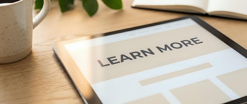 Tablet displaying learn more button on wooden desk with plant
