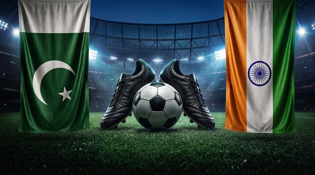 Football match between Pakistan and India featuring leather cleats and a classic ball inside a bright illuminated professional stadium arena