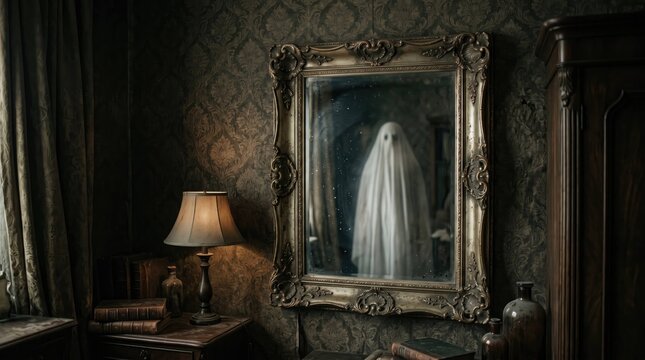 Scary white sheet ghost standing in vintage golden mirror inside dark moody spooky haunted room interior