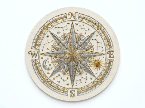 Vintage compass rose with cardinal directions and celestial motifs