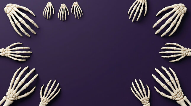 Halloween skeleton hands frame on dark purple background for festive holiday greeting card
