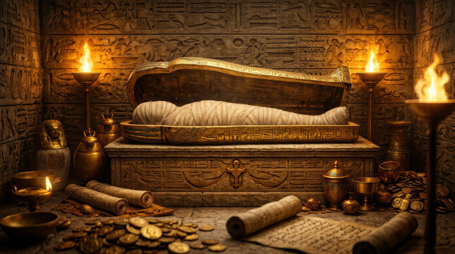 An ancient Egyptian sarcophagus in a tomb with treasures. The interior of an Egyptian tomb with a sarcophagus lit by torches and surrounded by treasures