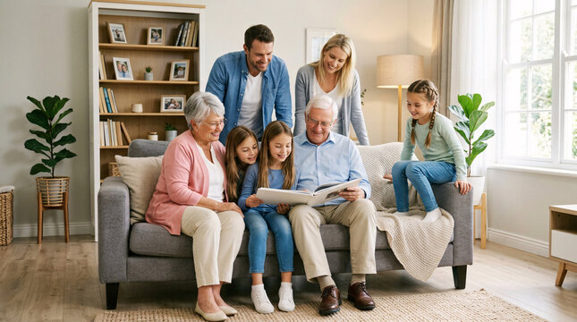 Three generation family looking at photo album on living room sofa