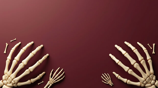 3D skeleton hands on dark red background for Halloween holiday banner and greeting card
