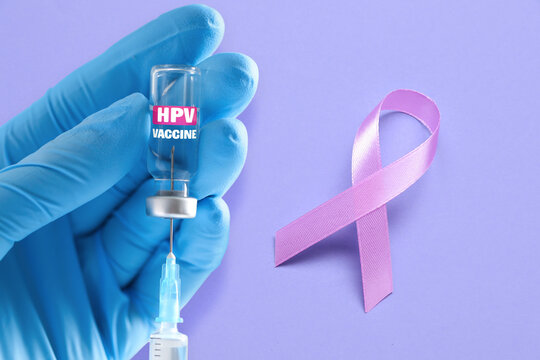 HPV vaccination poster. Healthcare worker with vial and syringe against color background with awareness ribbon, closeup