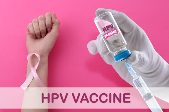 HPV vaccination poster with healthcare worker, syringe, vial and awareness ribbon on pink background
