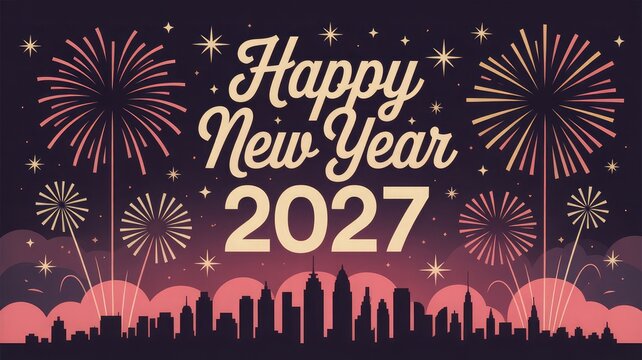 Happy new year 2027 celebration with fireworks and city skyline