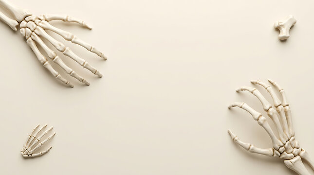 3D skeleton hands on beige background for Halloween holiday banner or greeting card design