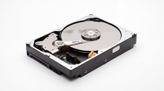 Computer Hard Drive Interior: An open computer hard disk drive, revealing the spinning platter and read-write head, a critical component of digital storage technology.