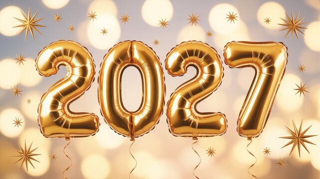Shiny gold foil balloons with 2027 number celebration design