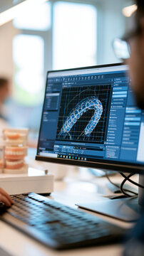 Computer screen displaying 3d dental prosthesis design software with stacked dentures visible in bright blurred background clean modern lab setting natural lighting bright