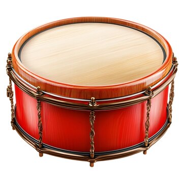 A red snare drum with a wooden head and ornate gold hardware sits on a white background