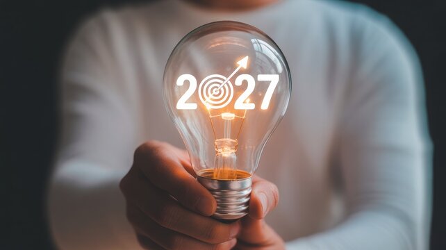 Person holding glowing light bulb with 2027 and upward arrow