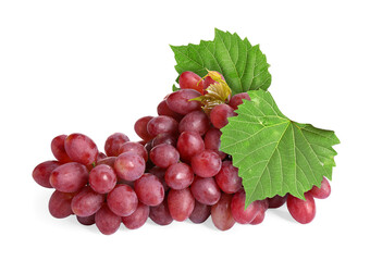 Naklejka premium Bunch of fresh ripe grapes with green leaves isolated on white