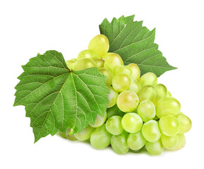 Naklejka premium Bunch of grapes with green leaves isolated on white