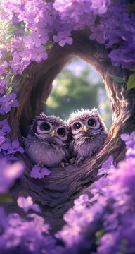 Two adorable owlets peek from a tree hollow, nestled amongst vibrant purple blossoms. A charming scene perfect for Festival of Owls Week