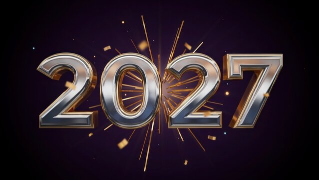 2027 new year celebration metallic style text with fireworks