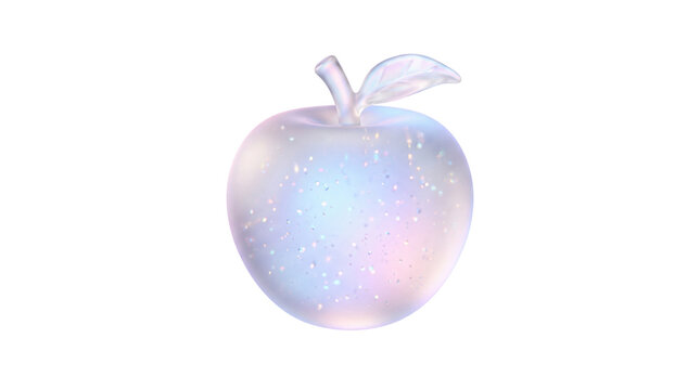 Iridescent glass apple with sparkles, holographic crystal fruit on white background, ethereal glowing apple sculpture for luxury decor
