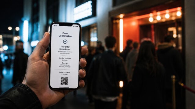A person holds a phone showing a digital ticket confirmation with a QR code outside a venue at night. Modern nightlife technology concept. Perfect for event planning and mobile apps.