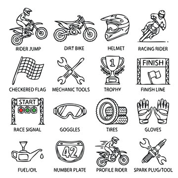 Motocross racing icons set, 16 hand-drawn dirt bike vector elements, black and white motorcycle sport illustrations for extreme racing branding