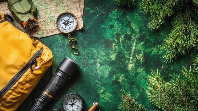 Gear up for your next outdoor adventure with essential camping supplies like a compass, flashlight, backpack, and map surrounded by pine branches