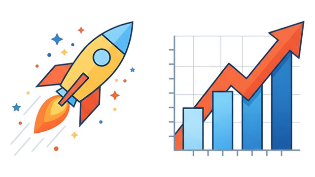 Rocket launch and growth chart business success vector illustration