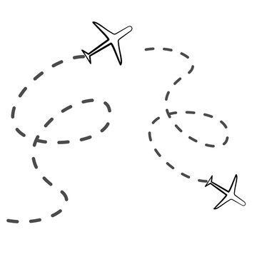 Hand drawn illustration of two airplanes flying with dashed travel path lines on white