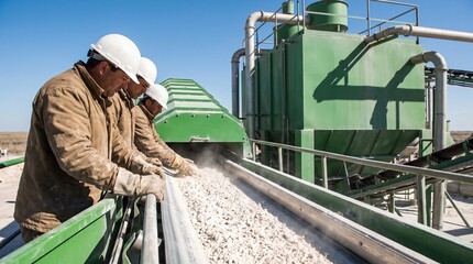 Naklejka premium Workers guide mineral feedstock through conversion yard