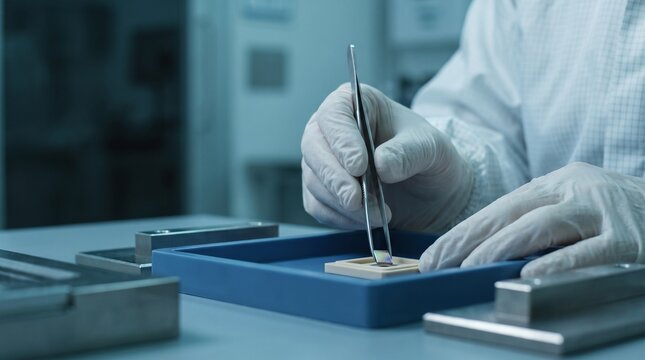 Cleanroom technician placing a silicon photonic die on carrier