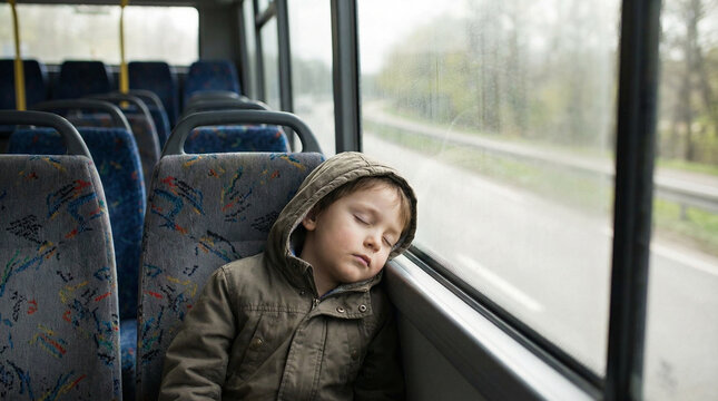 Young boy sleeping on bus seat with eyes closed by the window  