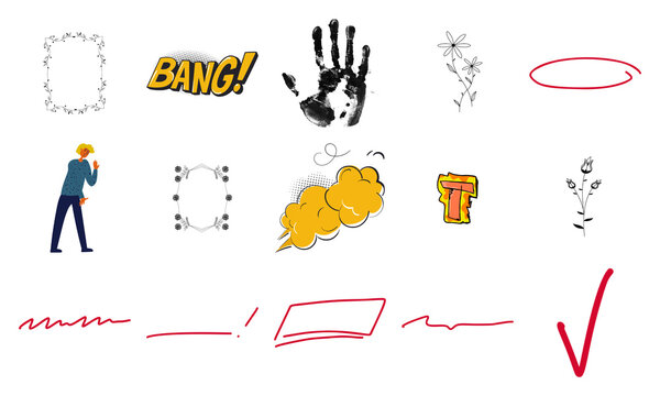 Set of hand drawn comic book elements and doodle stickers for creative design projects and graphic illustrations isolated on transparent background