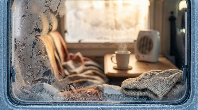 Frost on camper window with cozy interior and hot beverage  