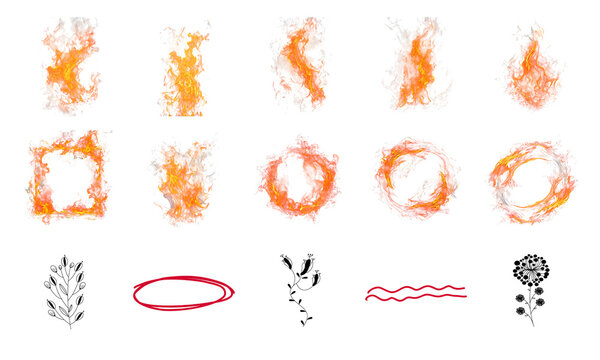 Set of abstract orange flame shapes and hand drawn sketches of flowers and circles for creative design projects isolated on transparent background